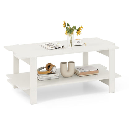 2-Tier Coffee Table Slatted Wood Center Table with Storage Shelf-Black