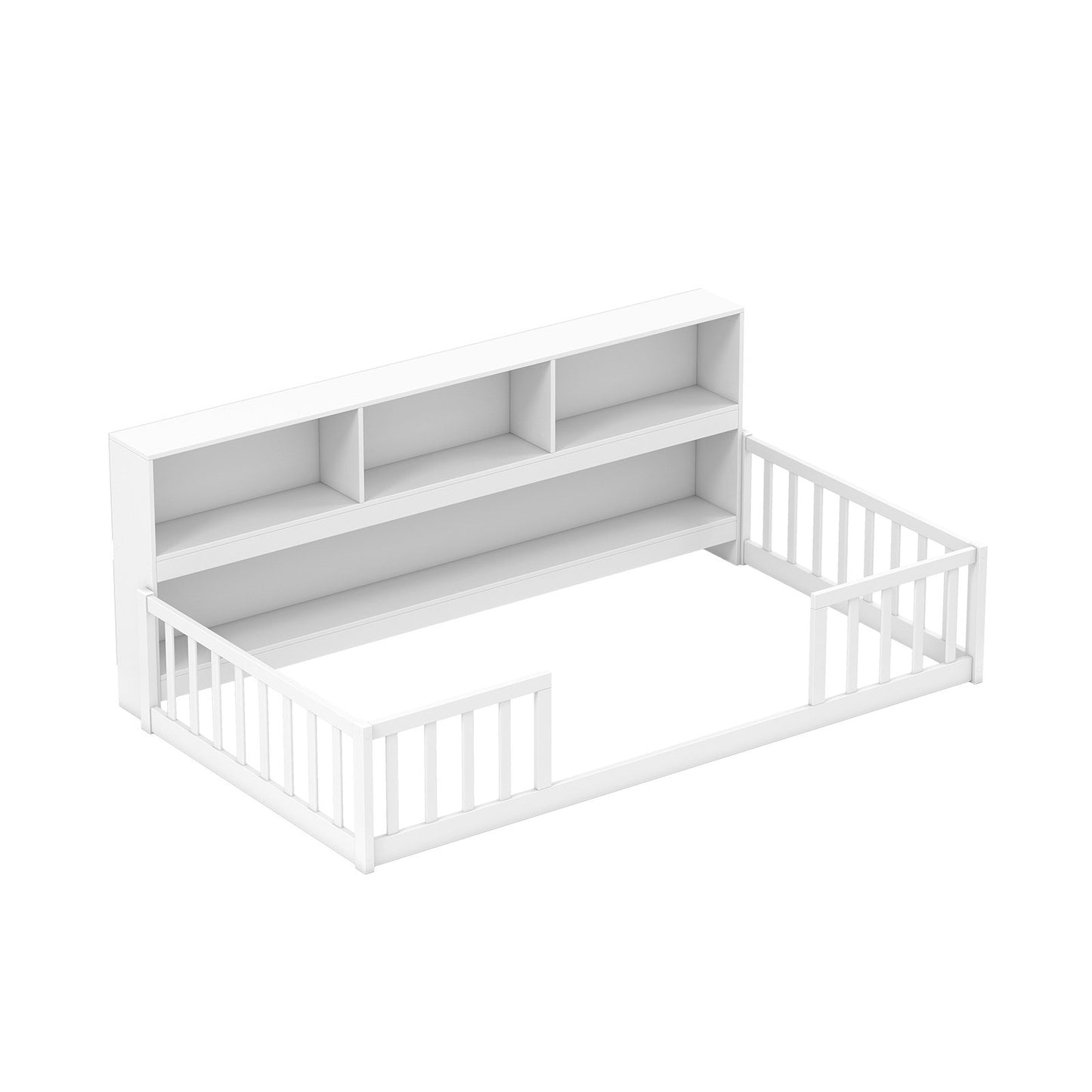 Twin Size Montessori Floor Bed with Bookcase-Gray