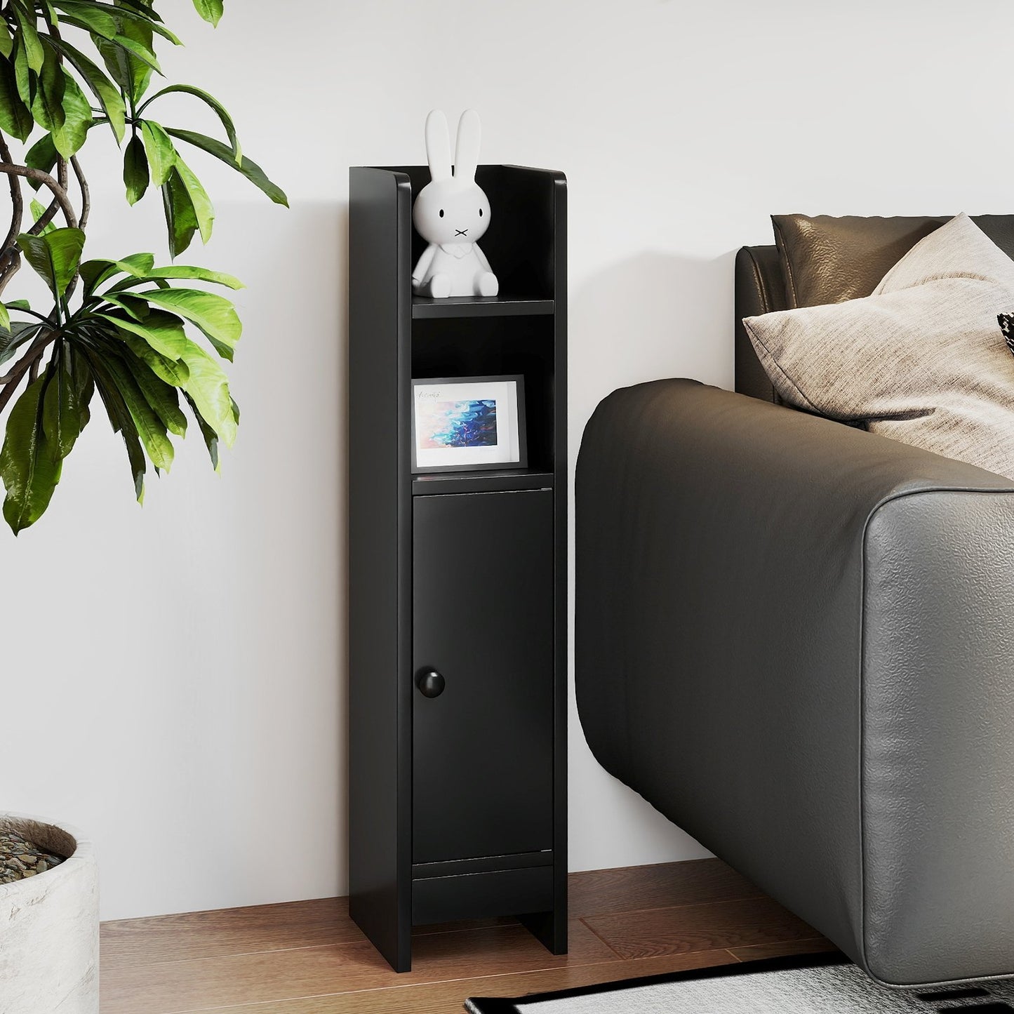 Bathroom Slim Cabinet Corner with Door and Adjustable Shelf-Black