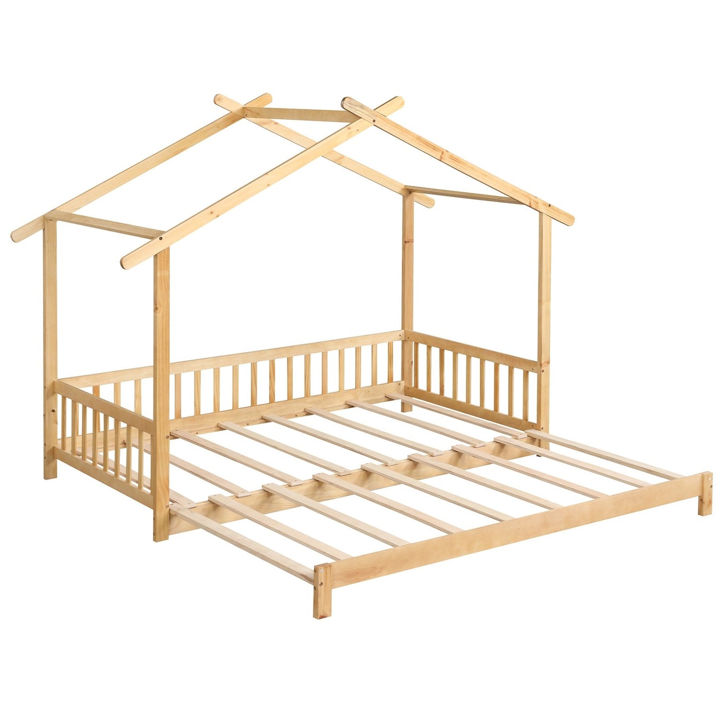 Extendable House Bed Twin to King Daybed with Roof and Fence Rails-Gray