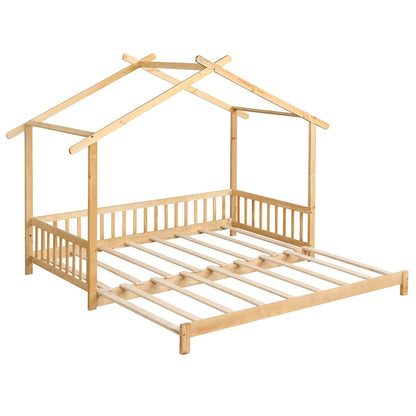 Extendable House Bed Twin to King Daybed with Roof and Fence Rails-Gray