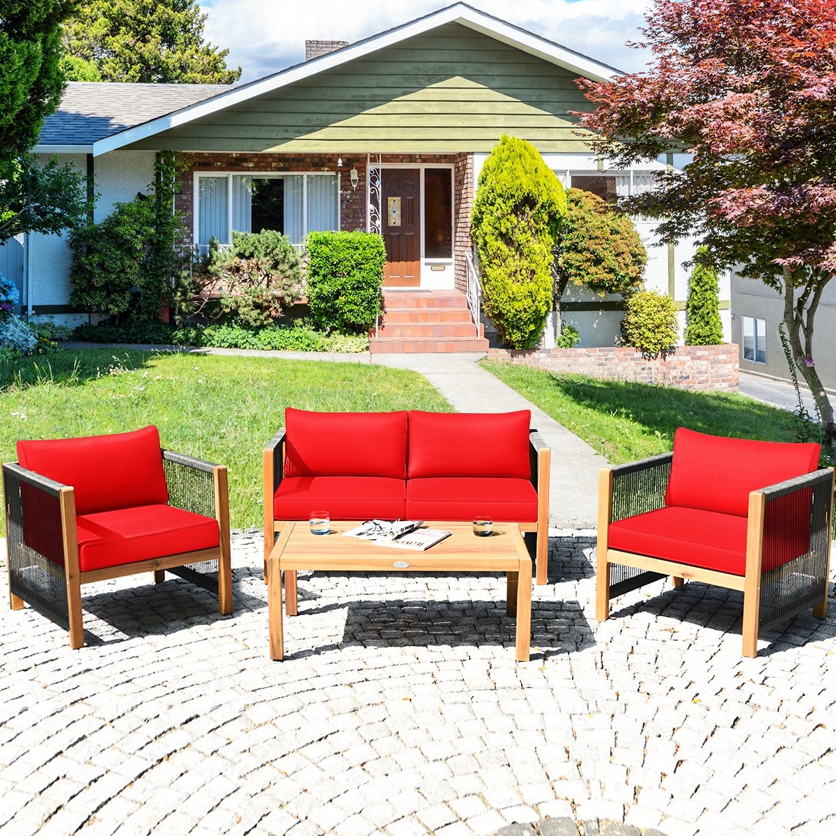 4 Pieces Wood Outdoor Patio Furniture Set with Cushions for Garden-Red