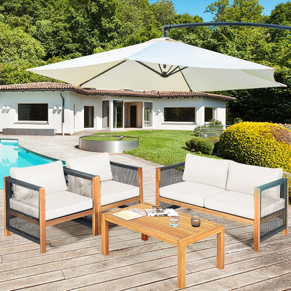 4 Pieces Wood Outdoor Patio Furniture Set with Cushions for Garden-Red