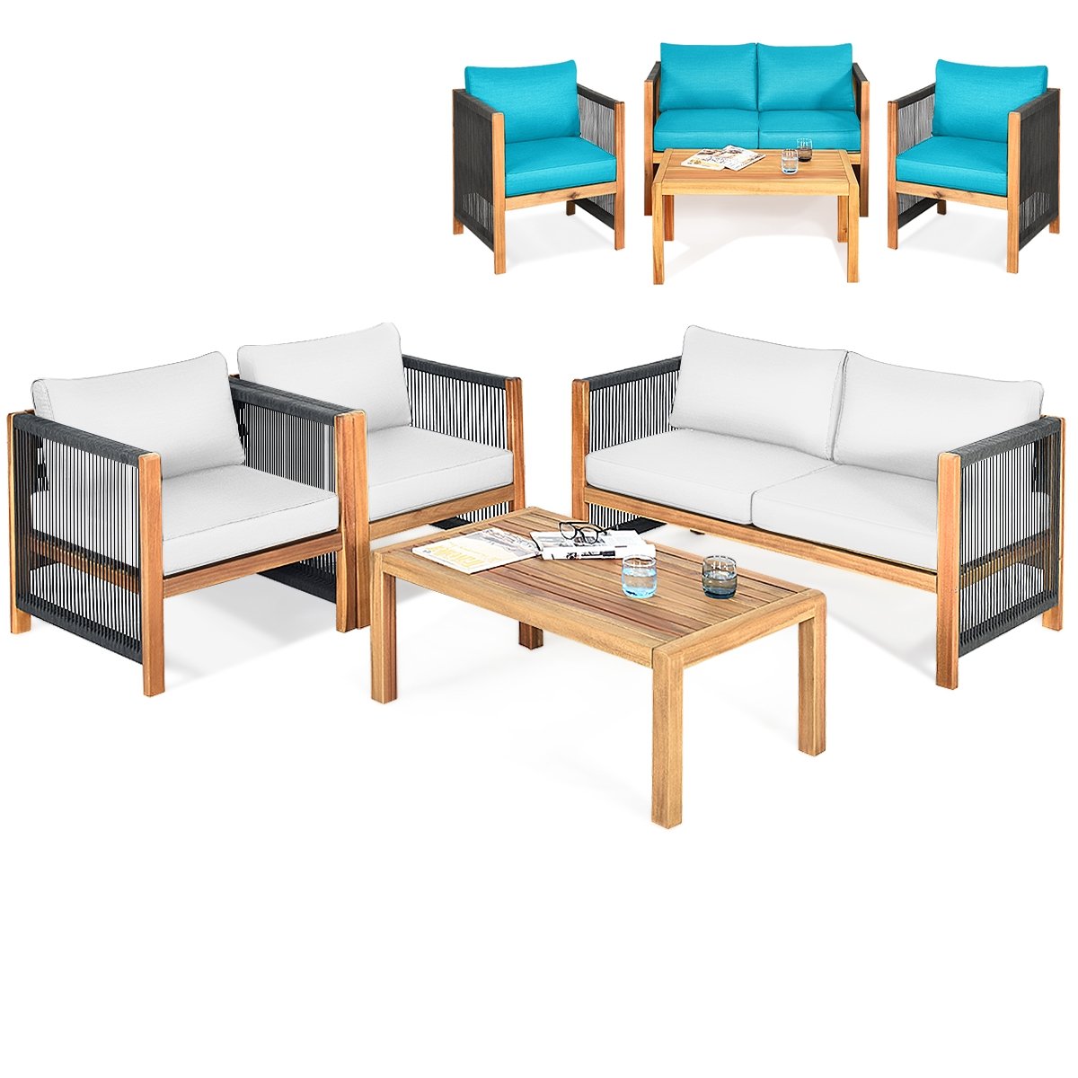 4 Pieces Wood Outdoor Patio Furniture Set with Cushions for Garden-Red
