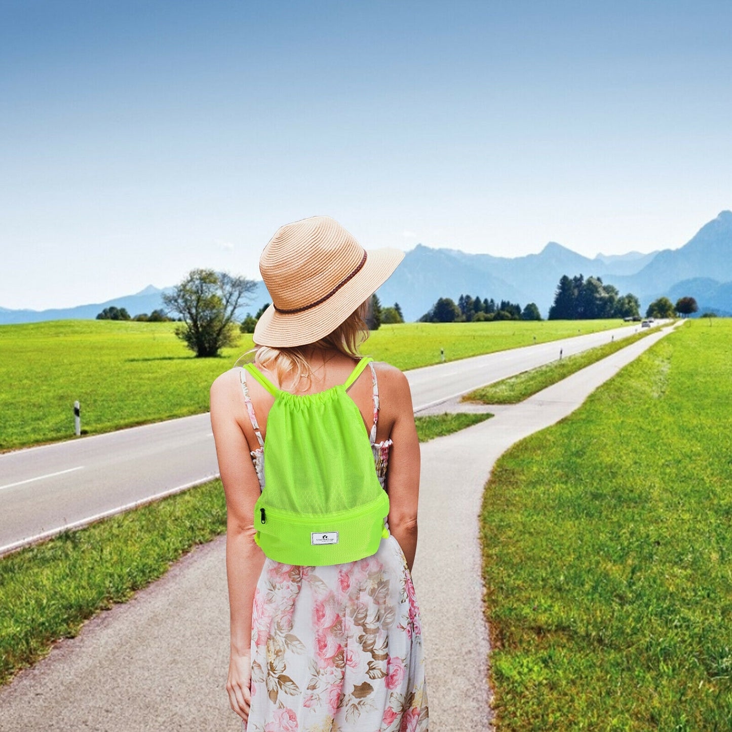 Drawstring Backpack String Bag Foldable Sports Sack with Zipper Pocket-Black