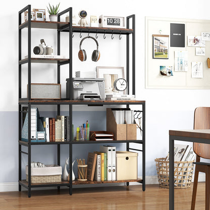 5-Tier Bakers Rack with Power Outlets and 10 S-Shaped Hooks-Black
