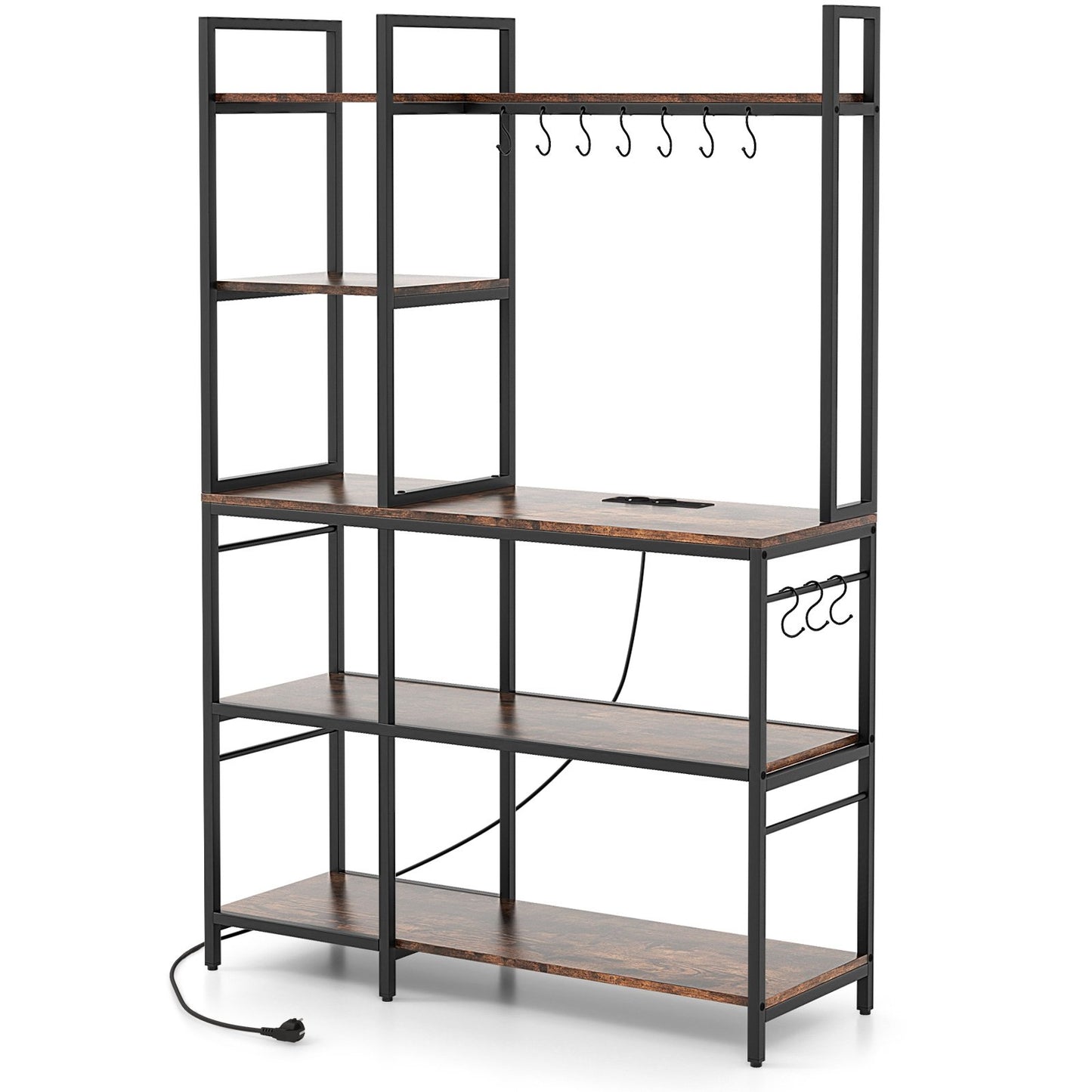 5-Tier Bakers Rack with Power Outlets and 10 S-Shaped Hooks-Black