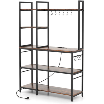 5-Tier Bakers Rack with Power Outlets and 10 S-Shaped Hooks-Black