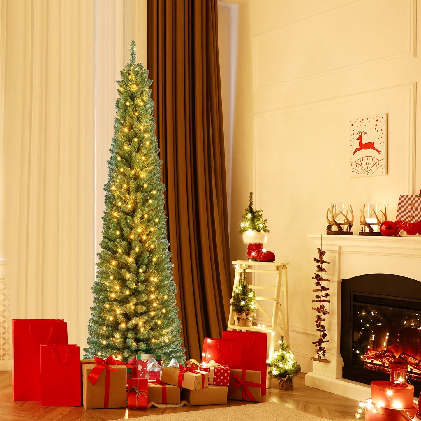 Pencil Christmas Tree with Memory Wire Branch Tips and Warm  LED Lights-7FT