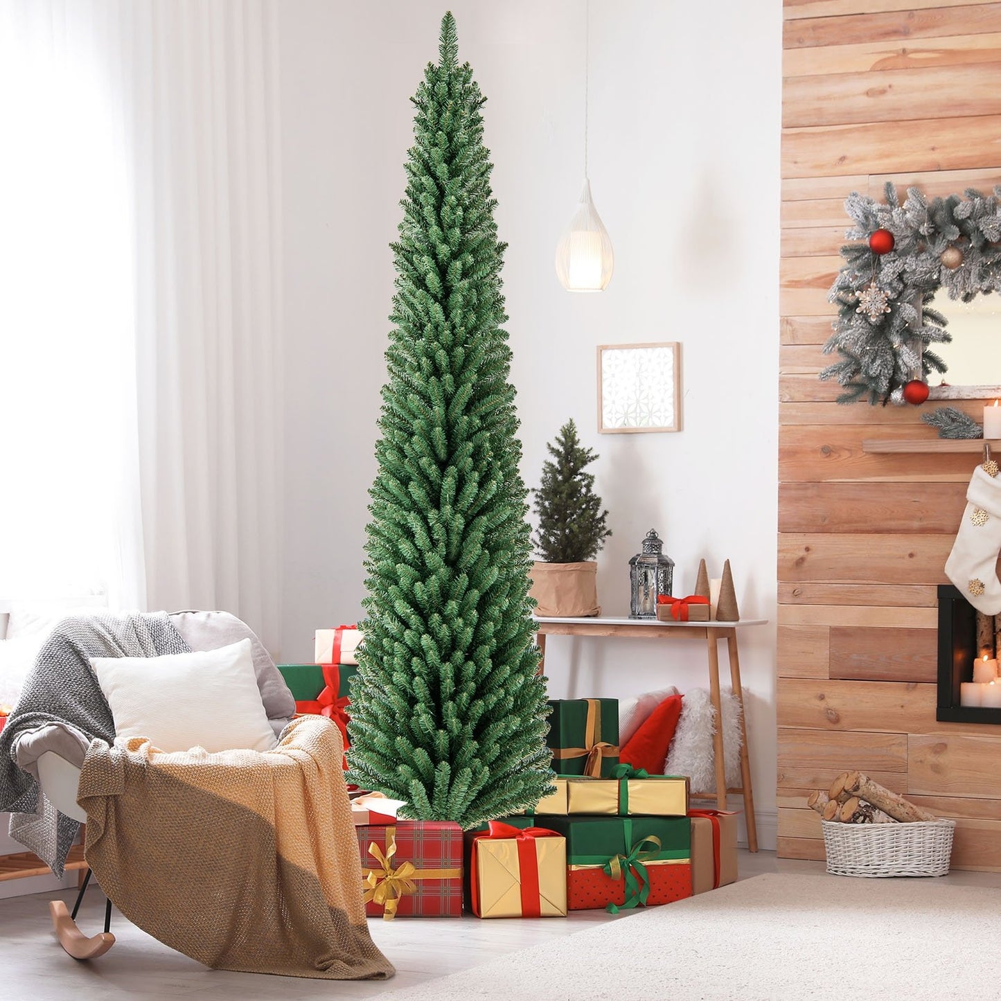 Pencil Christmas Tree with Memory Wire Branch Tips and Warm  LED Lights-7FT