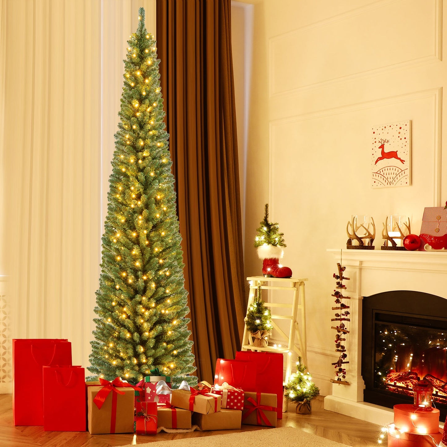 Pencil Christmas Tree with Memory Wire Branch Tips and Warm  LED Lights-8FT