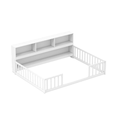 Full Size Montessori Floor Bed with Bookcase-Gray