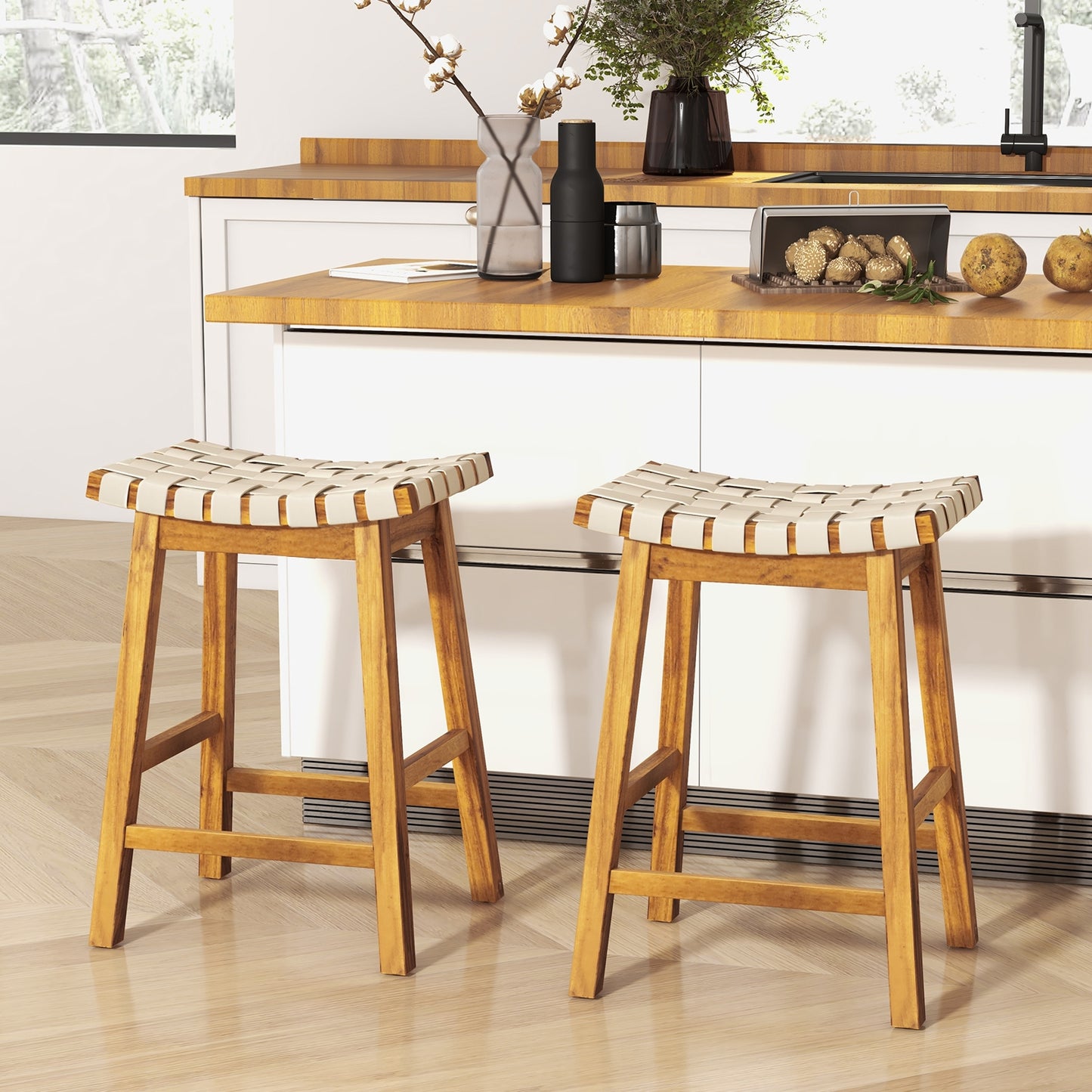 Faux PU Leather Bar Stools Set of 2 with Woven Curved Seat Natural-25.5 inches