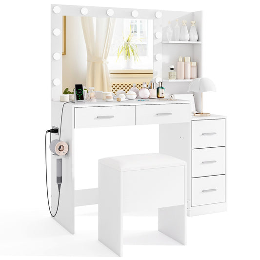 Makeup Table and Stool Set with Hair Dryer Stand-White