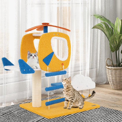 Indoor Small Aviation-themed Cat Tree Cat Tower with Helicopter Top Perch-Yellow