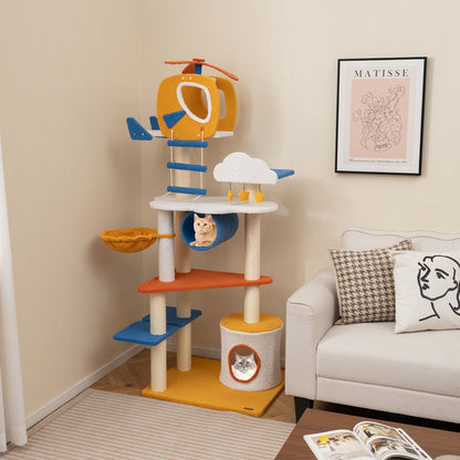 70 Inch Tall Aviation-themed Cat Tree with Helicopter Top Perch and Platforms-Yellow