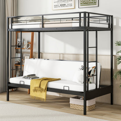 Twin Over Futon Bunk Bed with 2 Ladders and Safety Guardrails-Black