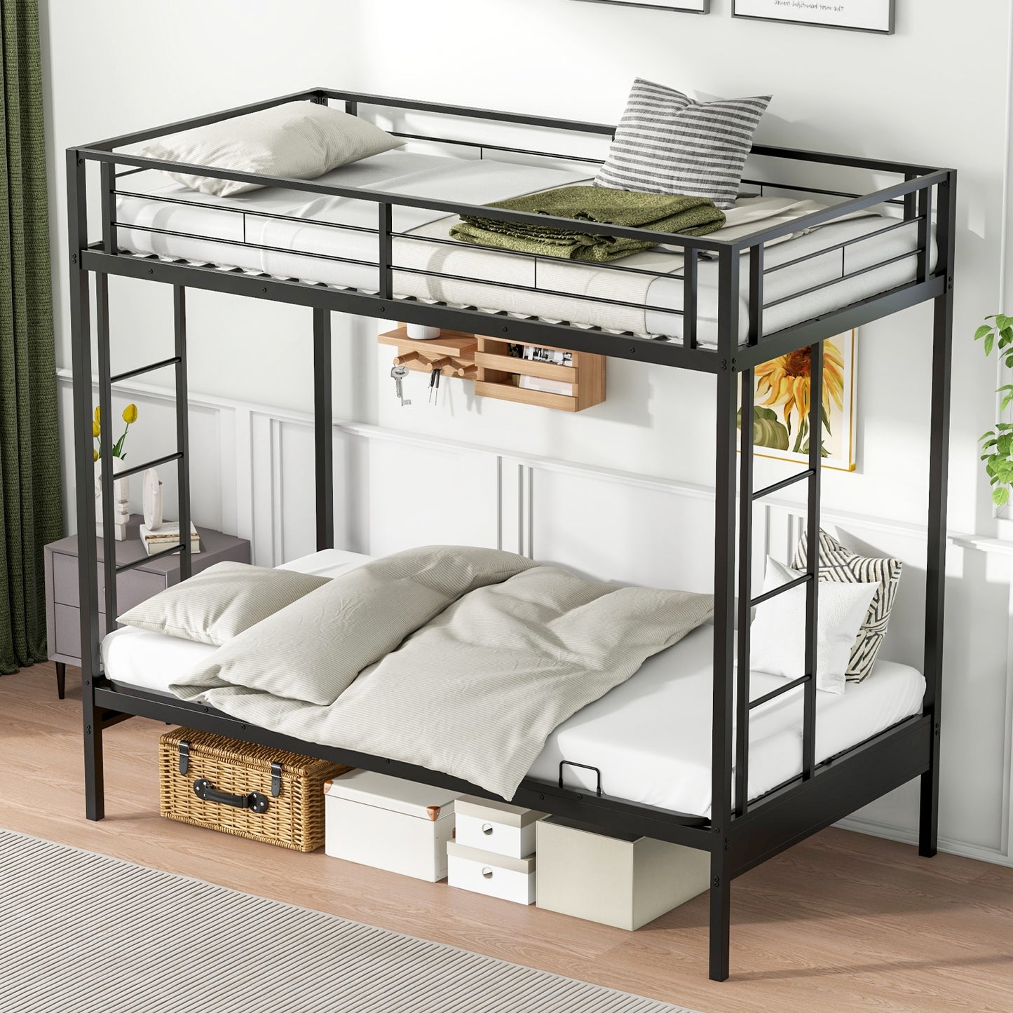 Twin Over Futon Bunk Bed with 2 Ladders and Safety Guardrails-Black