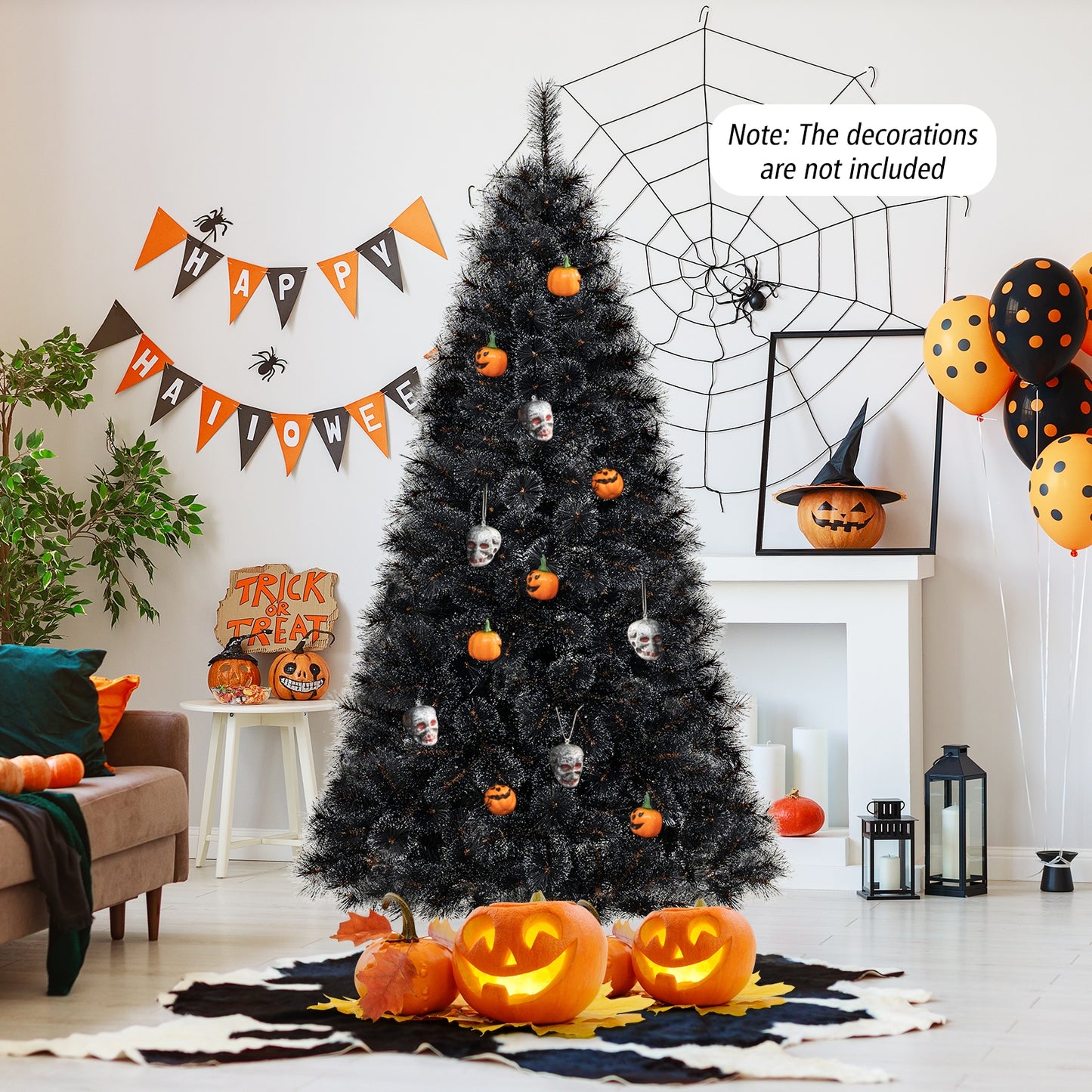 Black artificial Christmas tree with PVC branches, 210/320/450 cool white LED lights, 6/7/8 feet tall, holiday decor.