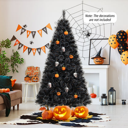 Black artificial Christmas tree with PVC branches, 210/320/450 cool white LED lights, 6/7/8 feet tall, holiday decor.