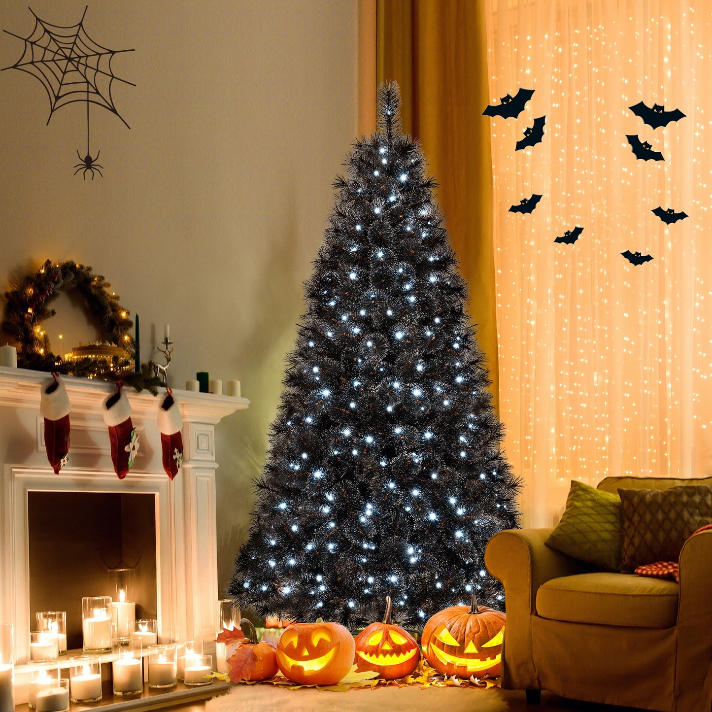 Black artificial Christmas tree with PVC branches and cool white LED lights, available in 6, 7, or 8 feet tall.