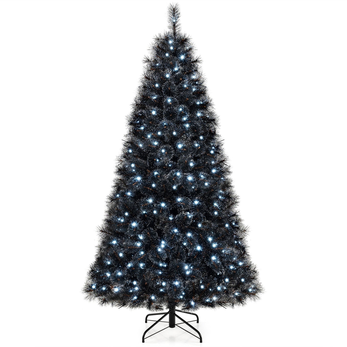 Black artificial Christmas tree with PVC branch tips and cool white LED lights, available in 6, 7, or 8 feet.