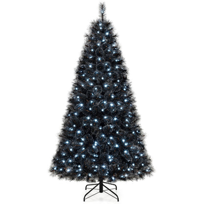 Black artificial Christmas tree with PVC branch tips and cool white LED lights, available in 6, 7, or 8 feet.