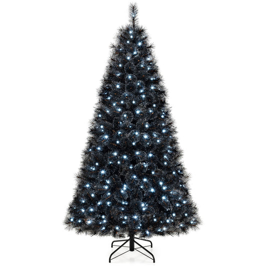 Black artificial Christmas tree with PVC branch tips and cool white LED lights, available in 6, 7, or 8 feet.