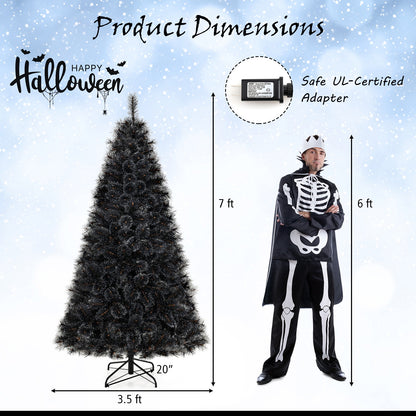 Black artificial Christmas tree with PVC branches and cool white LED lights, available in 6, 7, or 8 feet from Wilsons Home Store