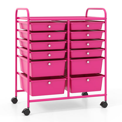 12-Drawer Rolling Storage Cart with Removable Drawers and Lockable Wheels-White