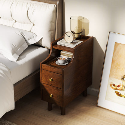 Solid Wood End Table Narrow Bedside Table with Pull-out Tray and 2 Storage Drawers-Brown