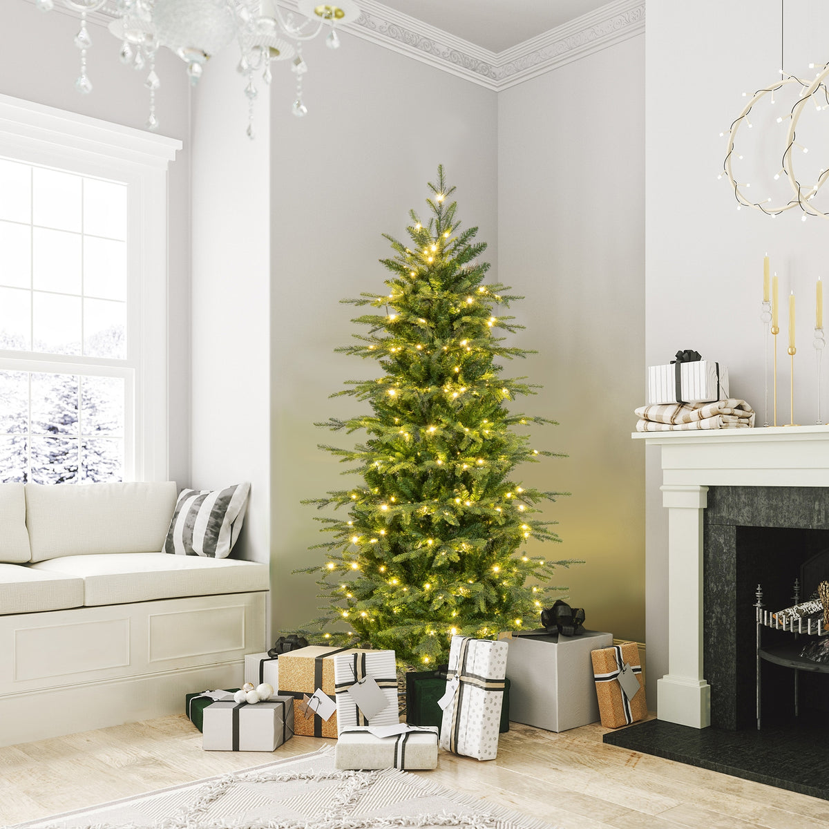 6-foot pre-lit artificial Christmas tree with warm white LED lights, featuring lush green branches and realistic holiday decor.