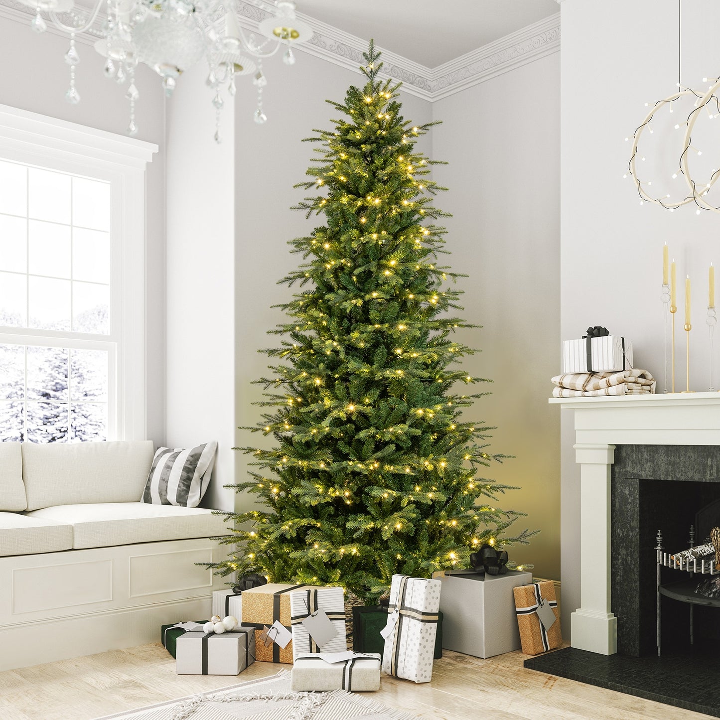 9 Feet Pre-Lit Artificial Christmas Tree with Warm White LED Lights