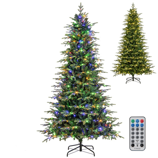9-foot pre-lit artificial Christmas tree with warm white LED lights, decorated with ornaments and pine branches.