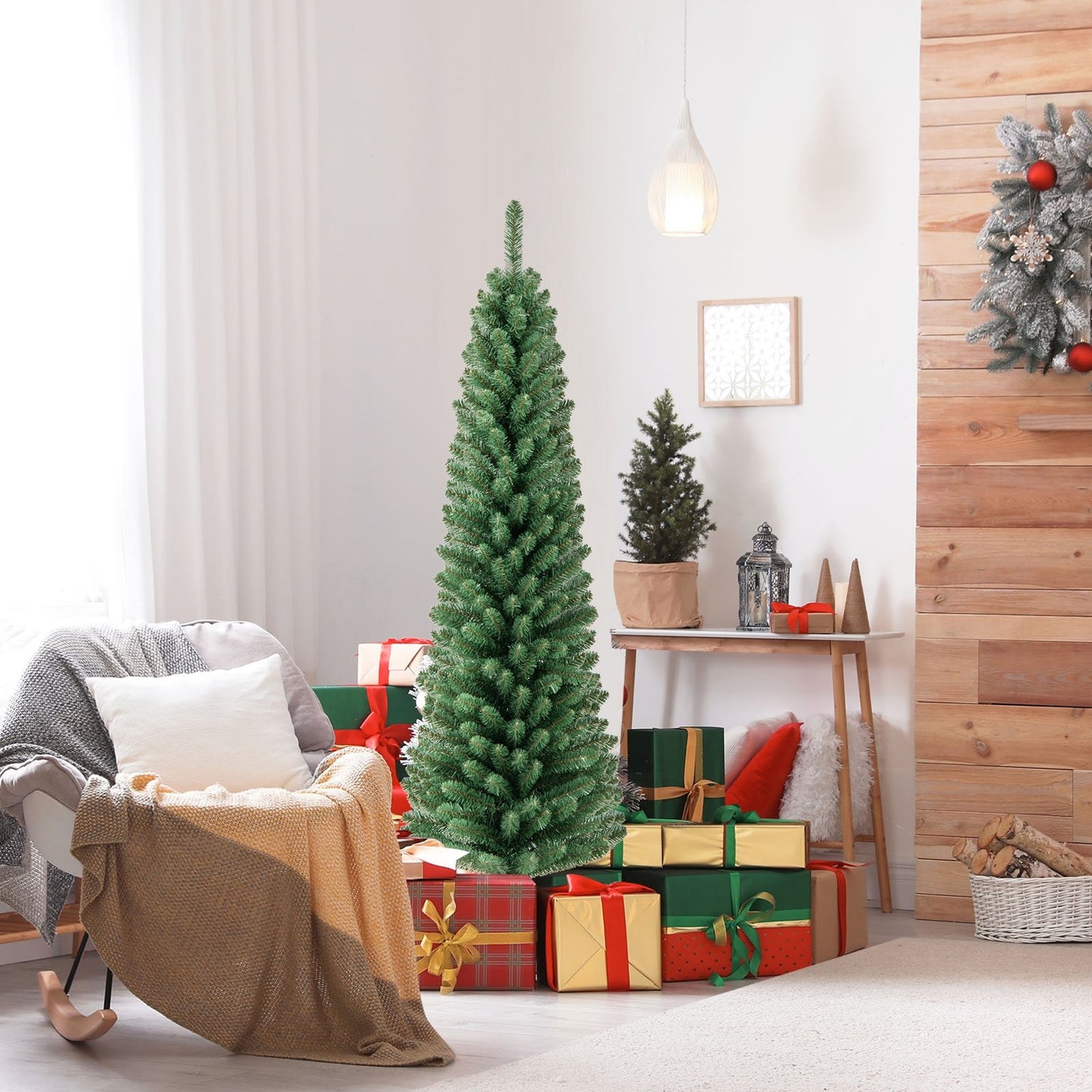 Pencil Christmas Tree with Memory Wire Branch Tips and Warm  LED Lights-7FT