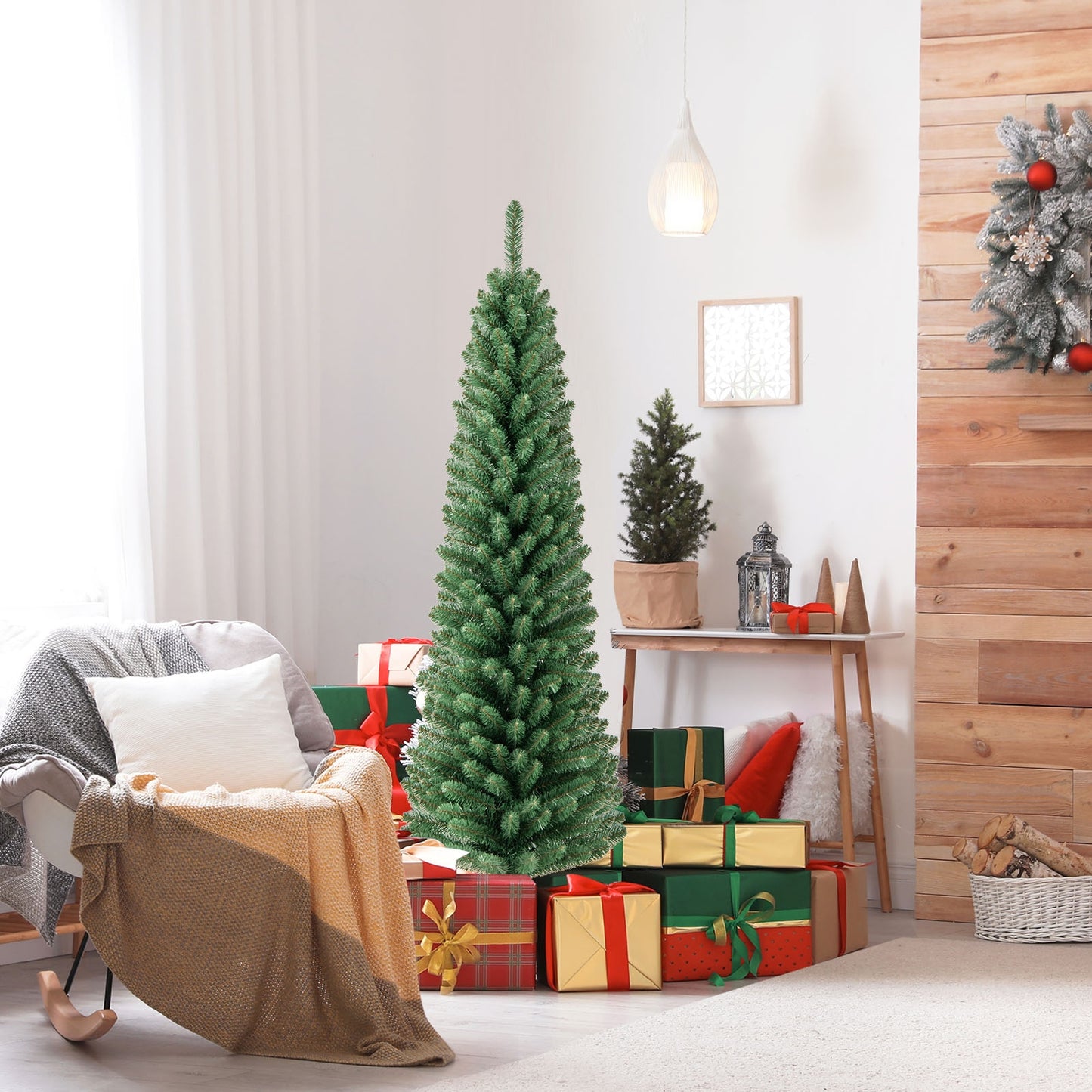 Pencil Christmas Tree with Memory Wire Branch Tips and Warm  LED Lights-5FT