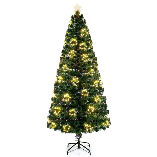 7 ft pre-lit artificial Christmas tree with branch tips, top star, and warm lights, from Wilsons Home Store's holiday decor collection.