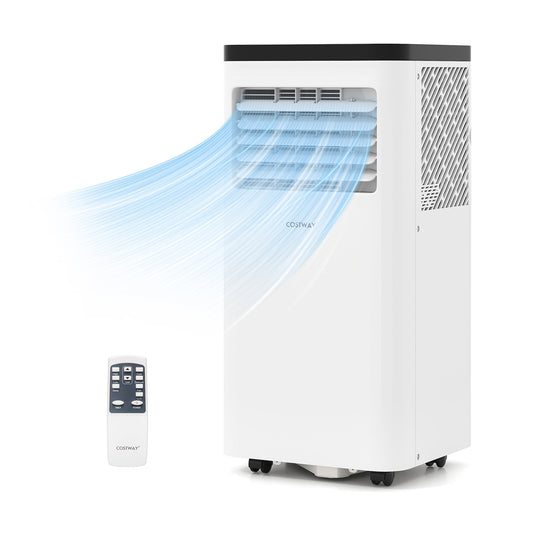 Portable 10,000 BTU air conditioner by Wilsons Home Store, 3-in-1 floor AC unit with vents and control panel visible.
