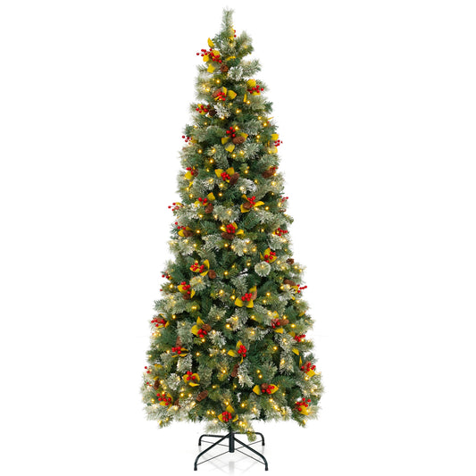 Pre-lit artificial Christmas tree with PVC and pine needles in 5, 7.5, or 9 ft sizes, featuring 453, 1096, or 1416 lights.