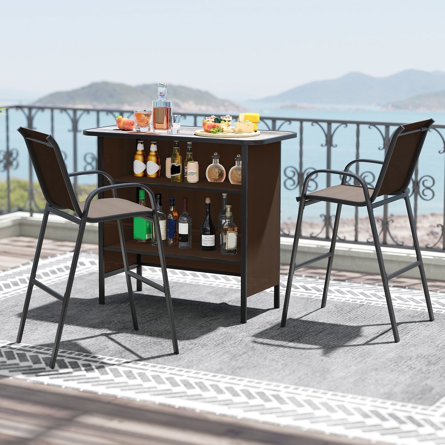 3 Piece Outdoor Bar Set with Footrest and 2-Tier Shelf-Black