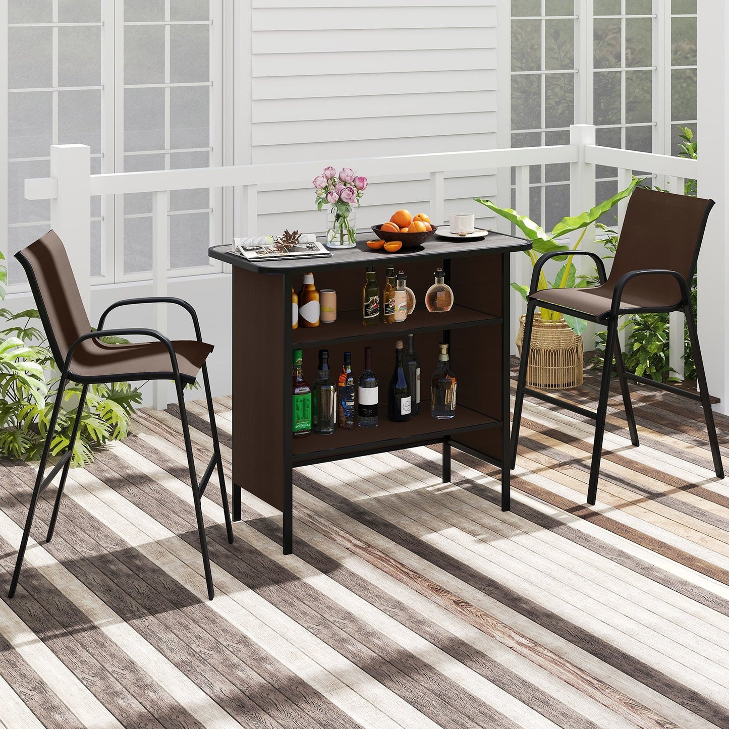 3 Piece Outdoor Bar Set with Footrest and 2-Tier Shelf-Black