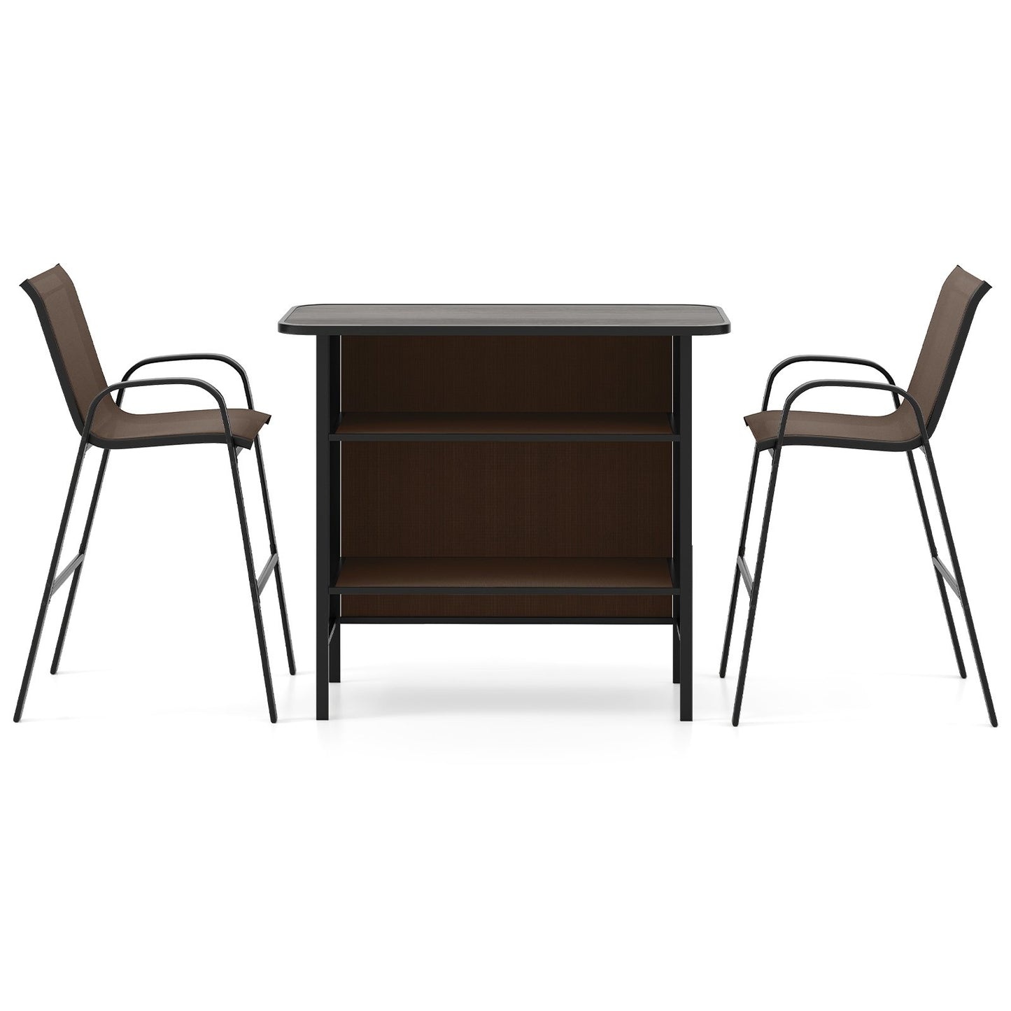 3 Piece Outdoor Bar Set with Footrest and 2-Tier Shelf-Black