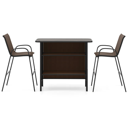 3 Piece Outdoor Bar Set with Footrest and 2-Tier Shelf-Black