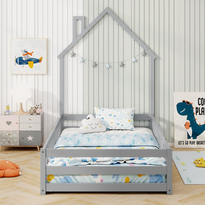 Twin Size Montessori Floor Bed with Lockable Door and Full-Length Guardrail-Gray