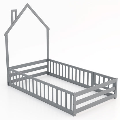 Twin Size Montessori Floor Bed with Lockable Door and Full-Length Guardrail-Gray