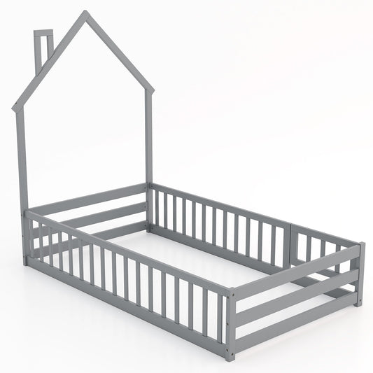 Twin Size Montessori Floor Bed with Lockable Door and Full-Length Guardrail-Gray