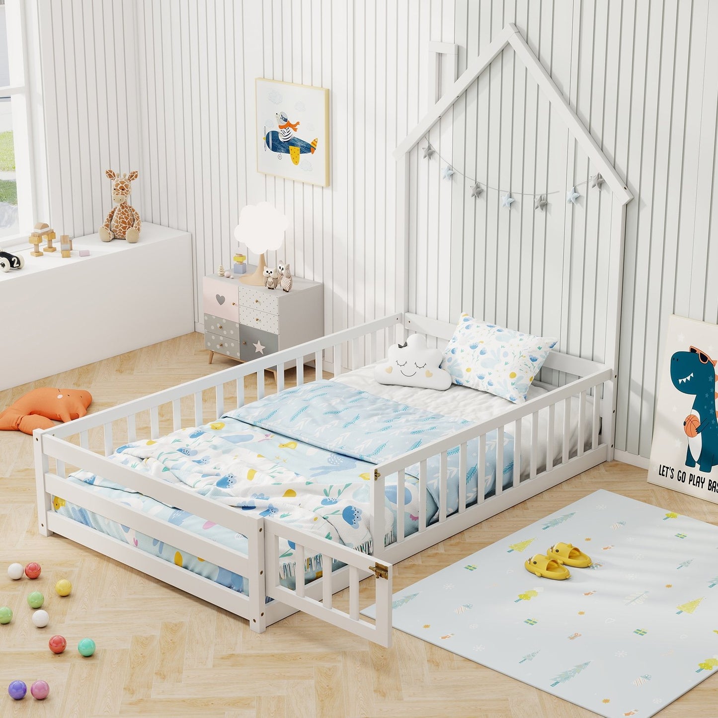 Twin Size Montessori Floor Bed with Lockable Door and Full-Length Guardrail-Gray