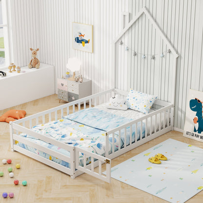 Twin Size Montessori Floor Bed with Lockable Door and Full-Length Guardrail-Gray