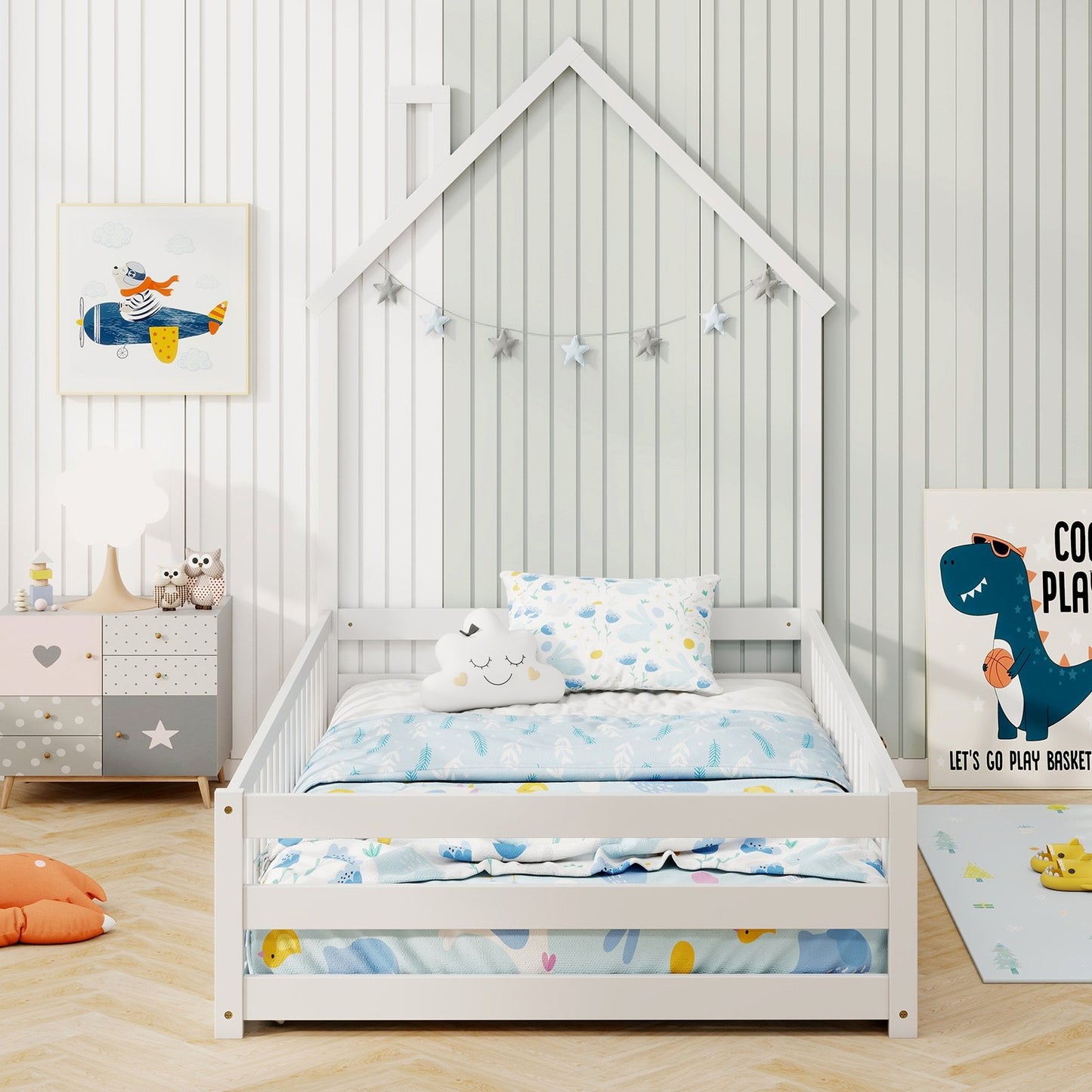 Twin Size Montessori Floor Bed with Lockable Door and Full-Length Guardrail-Gray
