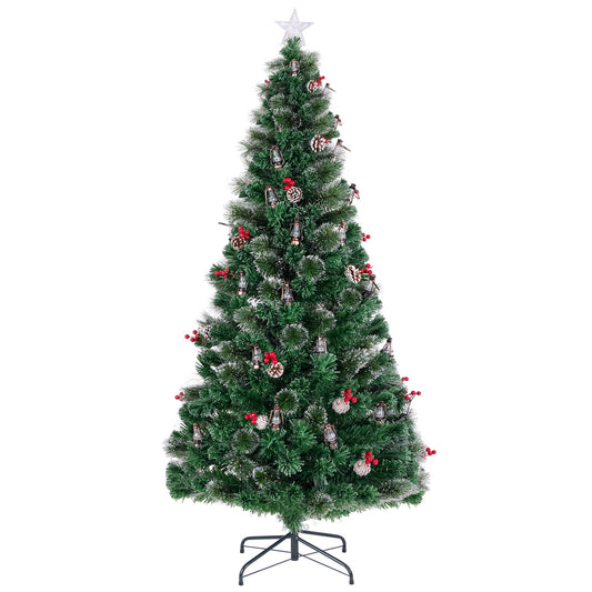 7 ft artificial Christmas tree with red berries and kerosene lamps, holiday decor by Wilsons Home Store
